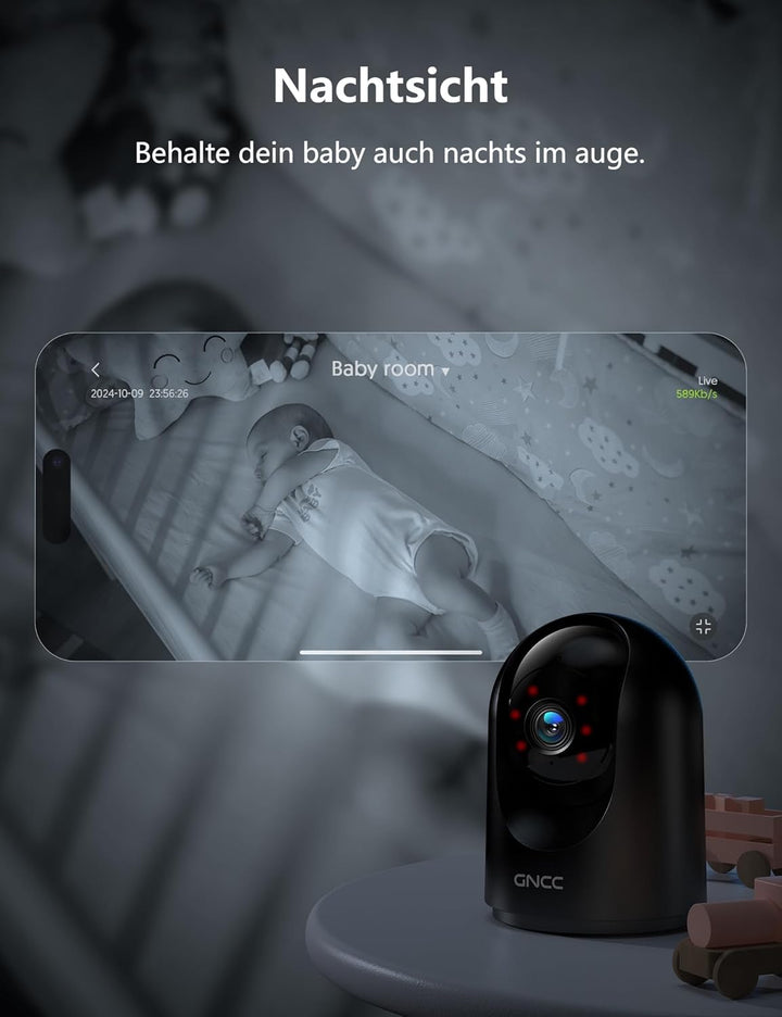 GNCC Überwachungskamera Innen 2K, 360° WLAN Kamera Indoor, Kamera Überwachung Innen mit Automatische
