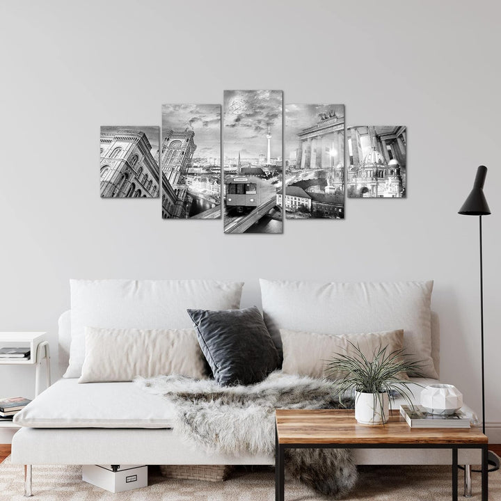 Runa Art Wandbilder Berlin 5 Teilig Bild auf Vlies Leinwand Deko Büro Wohnzimmer Stadt Schwarz Weiss