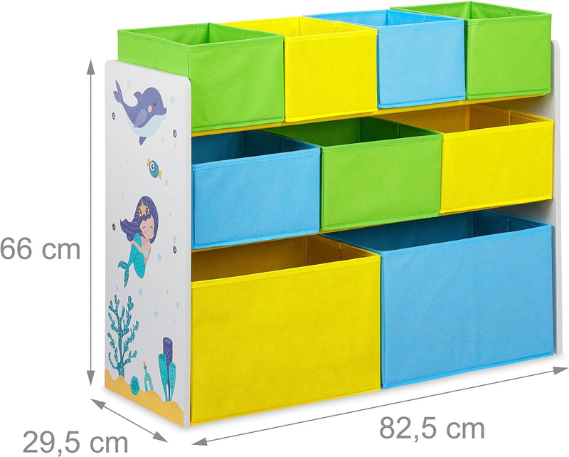 Relaxdays Kinderregal mit 9 Stoffboxen, Meerjungfrau Kindermotiv, Spielzeugregal Organizer HBT 66 x