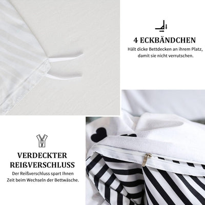 Freyamy Bettwäsche 220x240cm 3teilig Weiss Schwarz Herz Bettwaren-Sets Gebürstet Microfaser Weiche W