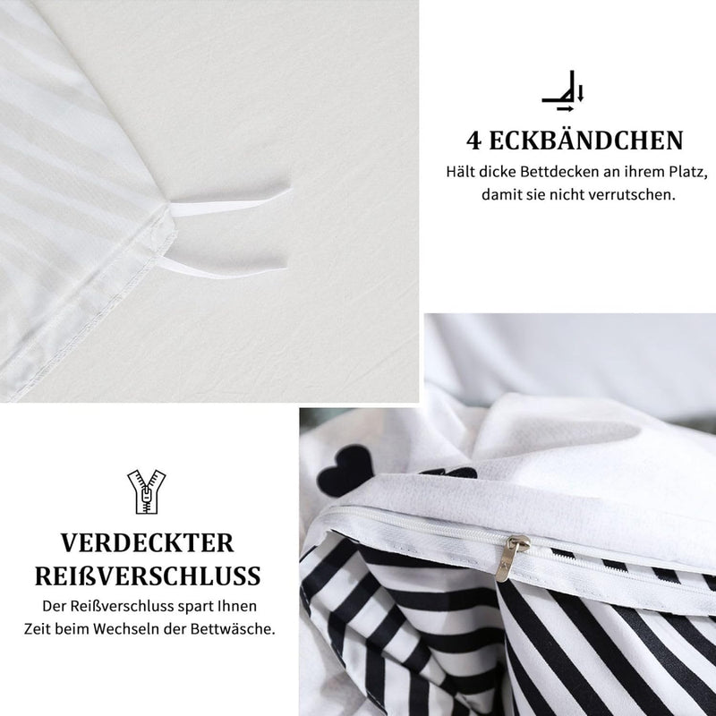 Freyamy Bettwäsche 220x240cm 3teilig Weiss Schwarz Herz Bettwaren-Sets Gebürstet Microfaser Weiche W