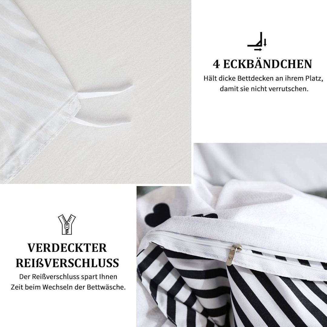 Freyamy Bettwäsche 220x240cm 3teilig Weiss Schwarz Herz Bettwaren-Sets Gebürstet Microfaser Weiche W