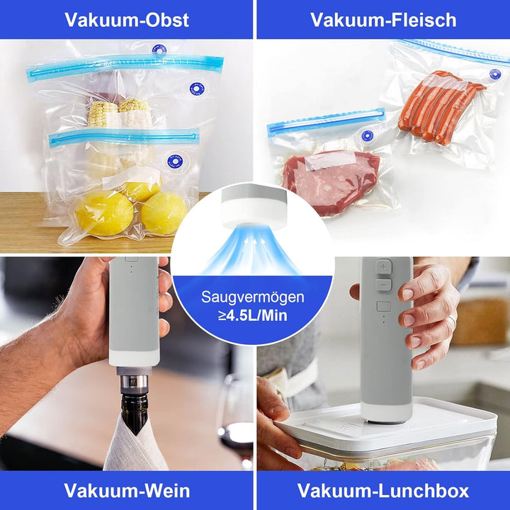Vakuumiergerät Mini, 4-in-1-Funktion Handvakuumierer Vakuum,Verschluss,Aufblasbar&Öffnen mit 8 Aufbe