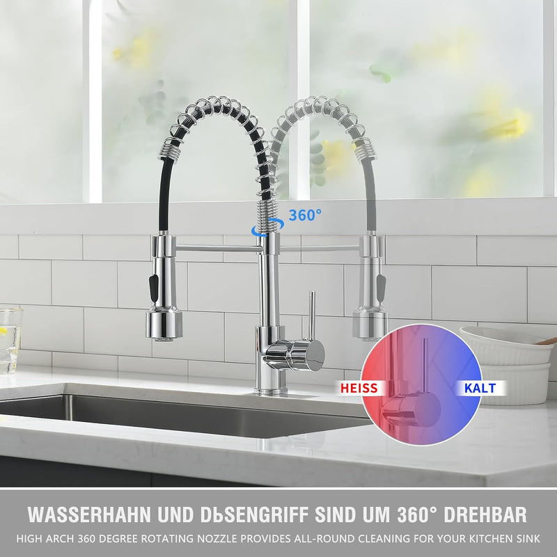 TIMACO LED Küchenarmatur Chrom Wasserhahn Küche mit Spiralfeder, 360°Schwenkbare Spültischarmaturen