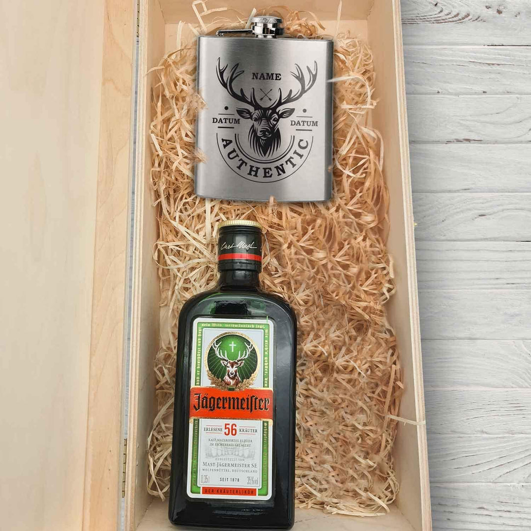 GRAVURZEILE Flachmann Geschenkset - Edelstahl Flachmann 150 ml mit Gravur im Set - inkl. Jägermeiste