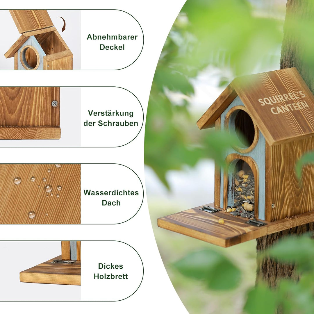 MIXXIDEA Eichhörnchen Futterhaus für draussen, stabiles Eichhörnchen-Futterhaus mit dickem Holz, Kei