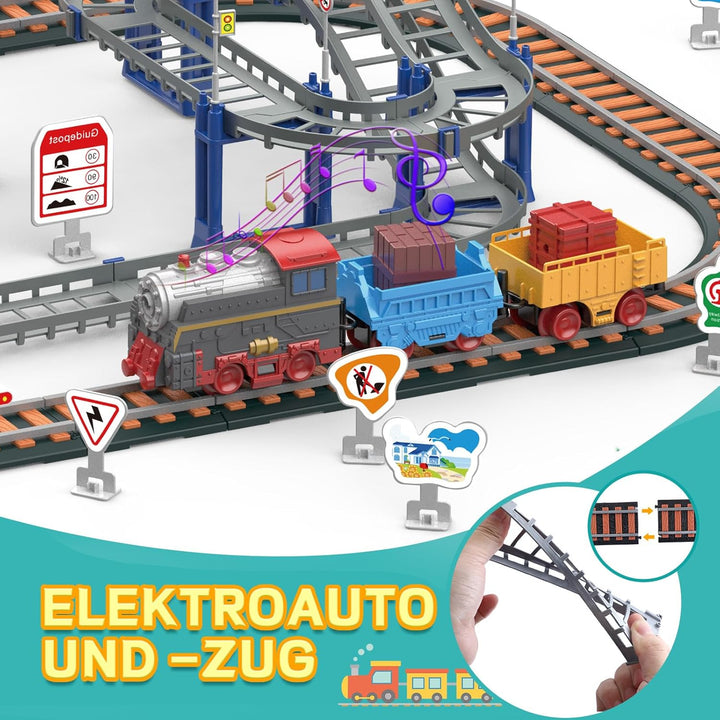 Kinder Eisenbahnschiene Zug Spielzeug Set, Autorennbahn Spielzeug mit Zug&Autobahnautos, für Kinder