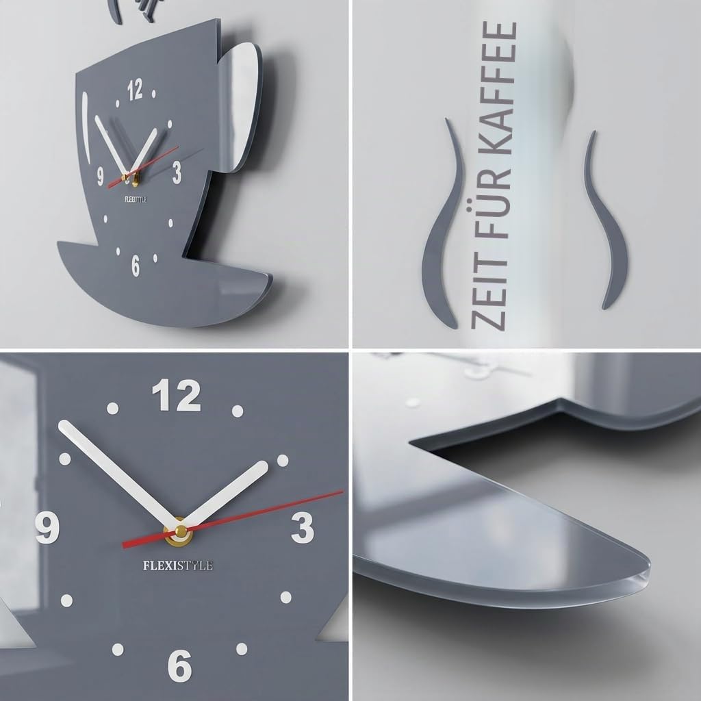 FLEXISTYLE Tasse Time for Coffee (Zeit für Kaffee) Moderne Küche Wanduhr grau, 3D römisch, wanduhr d