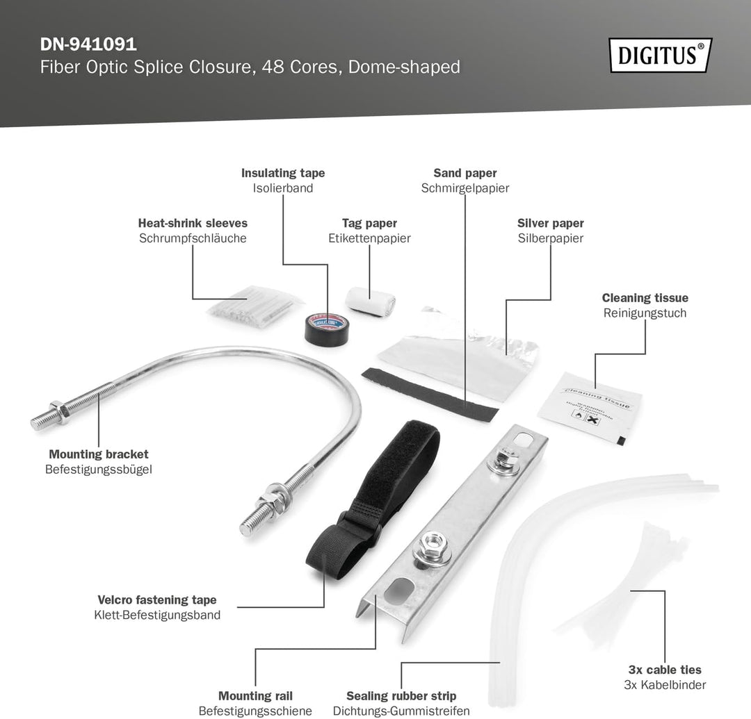 DIGITUS LWL-Dome Muffe - für 48 Glasfasern - IP68 Schutzklasse - Erosionsschutz - Spleissmuffe - Sch