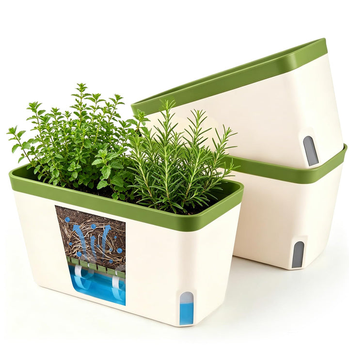 T4U 27cm Selbstwässernder Blumenkasten Kräutertopf mit ERD-Bewässerungs-System Grün 3er-Set Kunststo