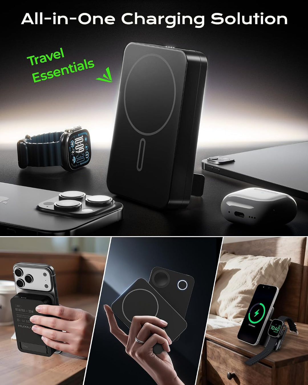 KU XIU K1ULTRA 10000mAh Powerbank für Apple Watch, Qi2.2 25W Power Bank für Magsafe, 3 in 1 Magnetis