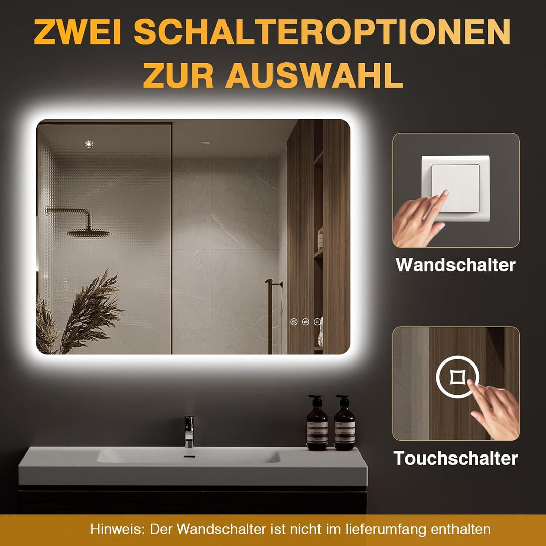 Badezimmer Spiegel mit Beleuchtung, Led Bad Spiegel mit Licht, 3 Lichtfarben, Dimmbar, Antibeschlag,