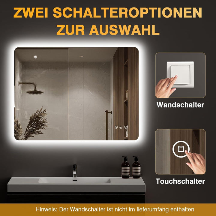 Badezimmer Spiegel mit Beleuchtung, Led Bad Spiegel mit Licht, 3 Lichtfarben, Dimmbar, Antibeschlag,