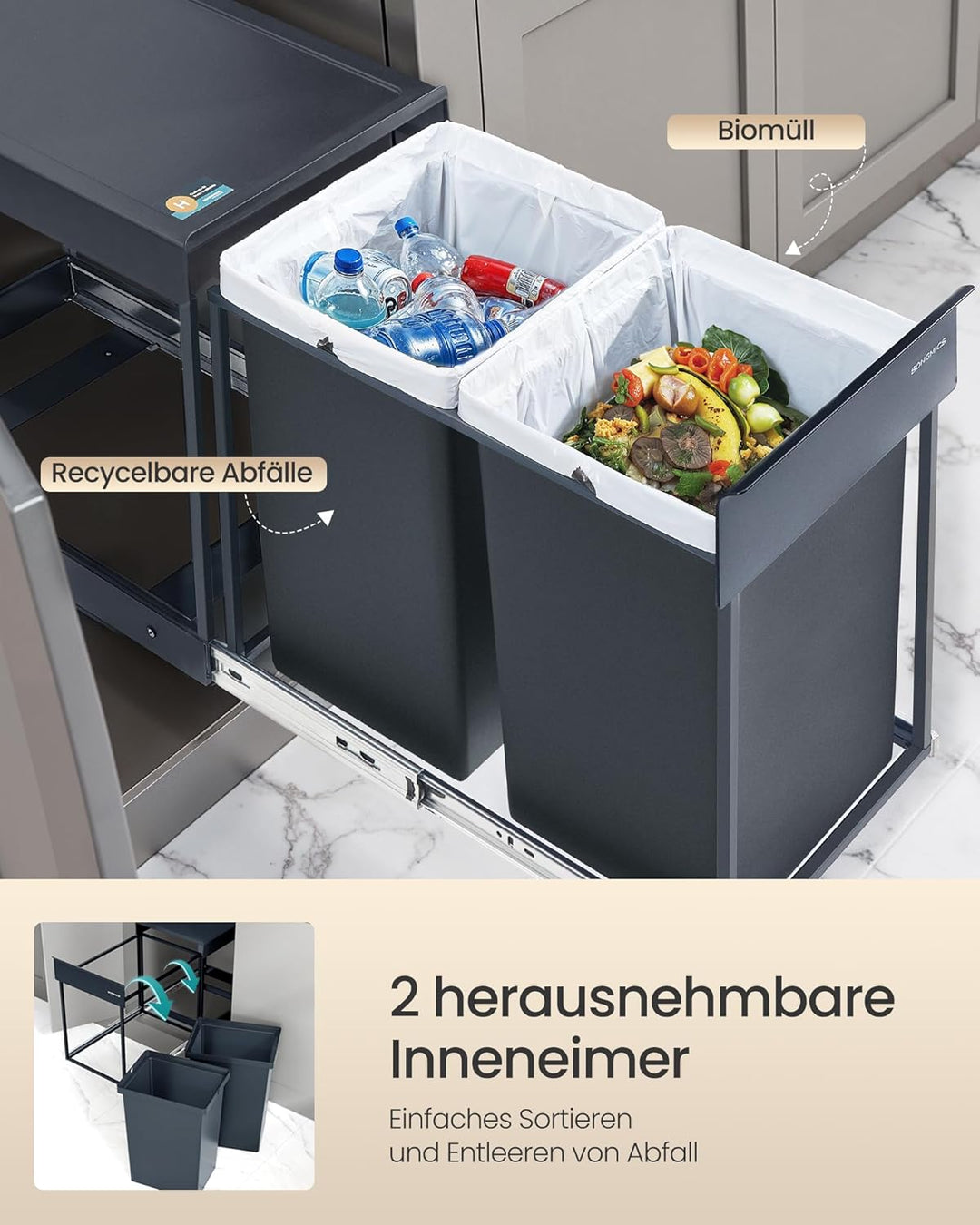 SONGMICS Mülleimer küche, Mülltrennsystem für Unterschrank, 2 x 20 L, Abfalleimer 2 Fächer, ausziehb