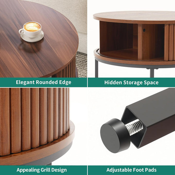 YITAHOME Couchtisch Rund, Couchtisch mit 2-stufigem Stauraum, Couchtische mit Schiebetüren im Tambou