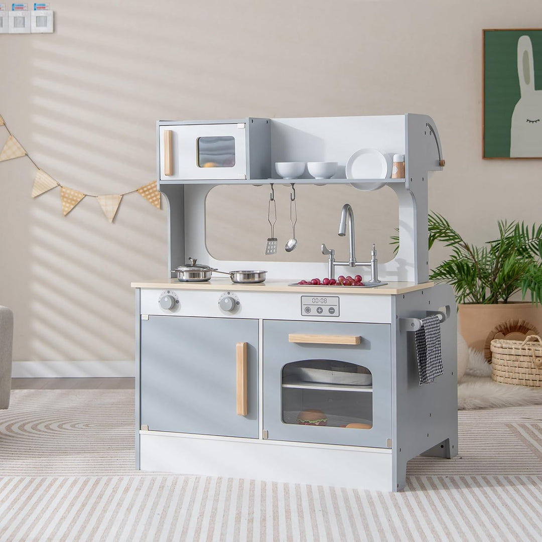 COSTWAY 2 in 1 Kinderküche mit Zubehör, Spielküche mit Restaurant zum Kochen &amp; Servieren, Holzküche