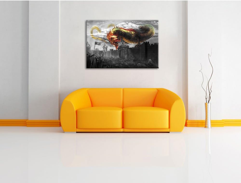 Pixxprint chinesischer Drache über der Festung B&W Detail, Format: 100x70 auf Leinwand, 100x70