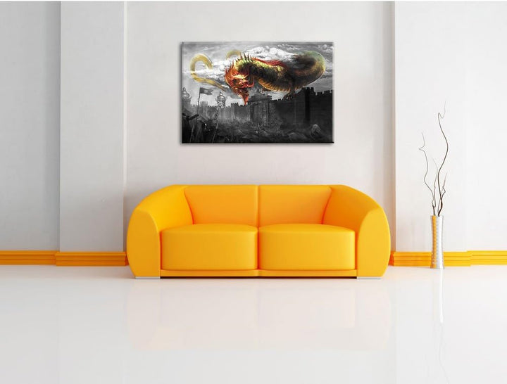 Pixxprint chinesischer Drache über der Festung B&W Detail, Format: 100x70 auf Leinwand, 100x70