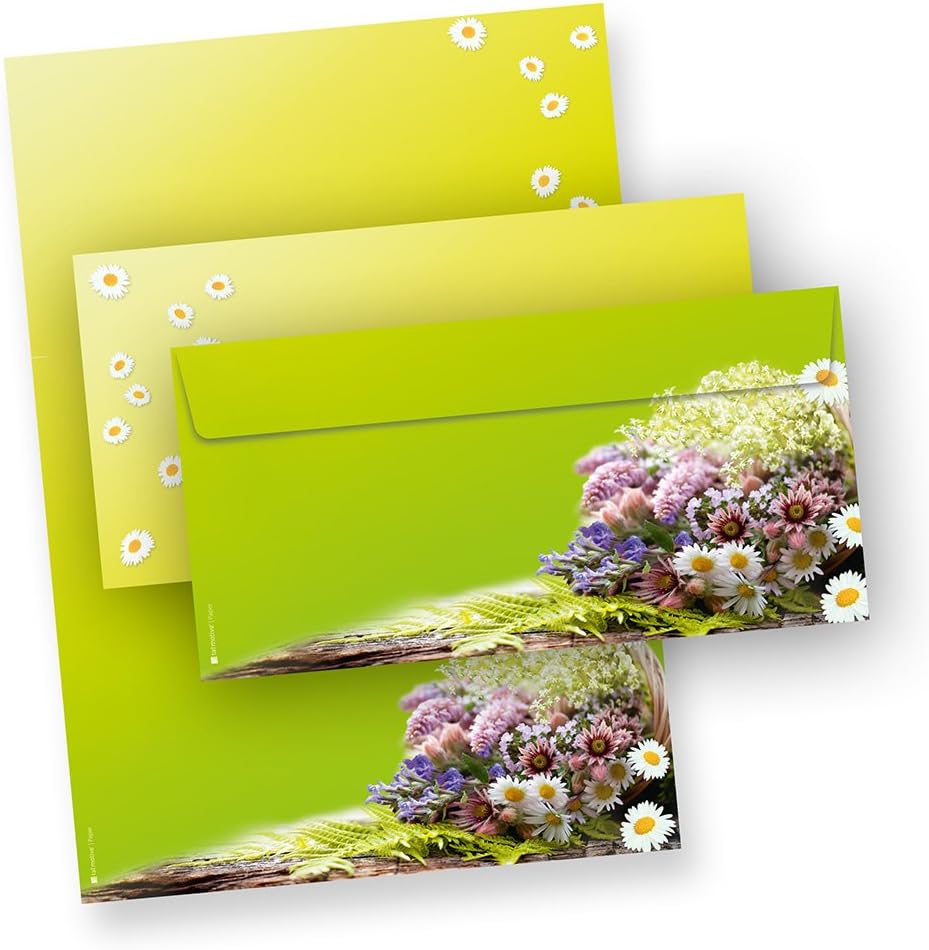 TATMOTIVE Briefpapier-Motiv Set Grünender Frühling mit Blümchen + Umschläge - 100 Sets - grün, 100 S