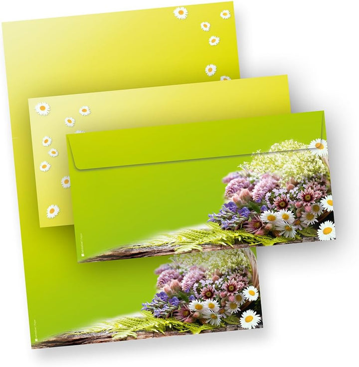 TATMOTIVE Briefpapier-Motiv Set Grünender Frühling mit Blümchen + Umschläge - 100 Sets - grün, 100 S