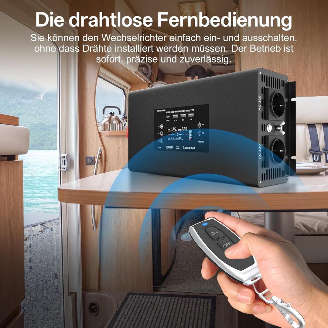 2000W Wechselrichter Reiner Sinus 12v auf 230v - Fernbedienung Spannungswandler mit 3 USB Ports 2 EU