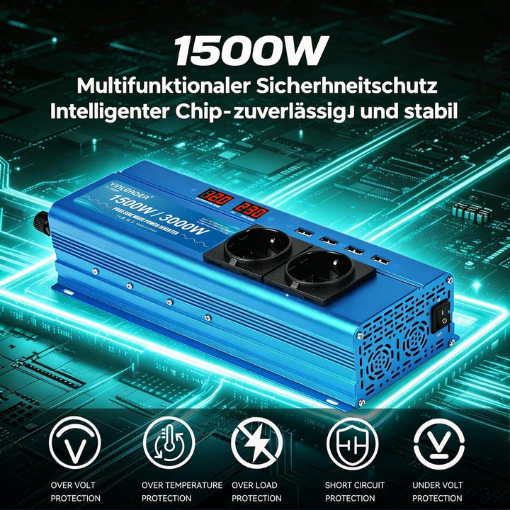 Wechselrichter 1500W /3000W 12V 230V Reiner Sinus Spannungswandler mit 2 Steckdose 4 USB Anschlüsse