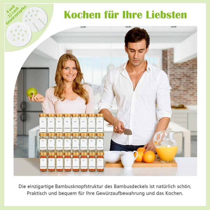 SAEIV Umweltfreundlicher Bamboo-Deckel Gewürzgläser Eckig -Set | 24Gewürzdosen Mit 120 Gewürzetikett