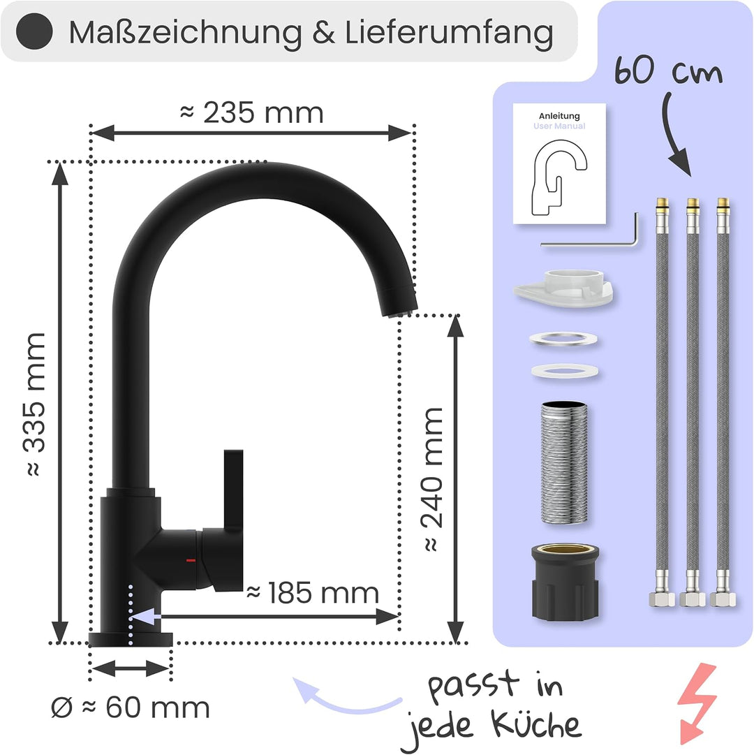 instmaier K3 Niederdruck Küchenarmatur | Wasserhahn Küche Schwarz matt | Spültischarmatur mit hohem