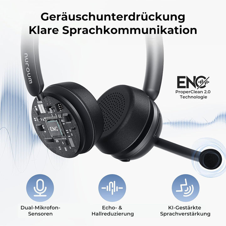 Nuroum HP31D 2026 Bluetooth Headset mit Mikrofon Wireless, KI Rauschunterdrückung für Anrufe,45 Std.