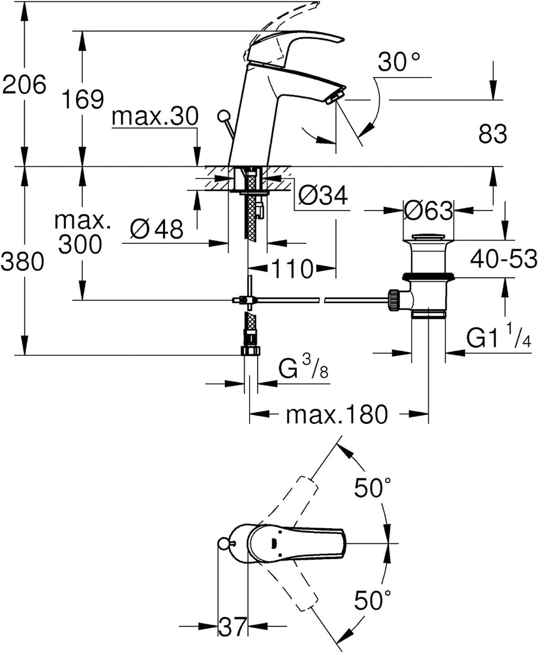 GROHE Eurosmart - Badarmatur Einhand- Waschtischarmatur (M- Auslauf, mit Zugstangen- Auslaufgarnitur