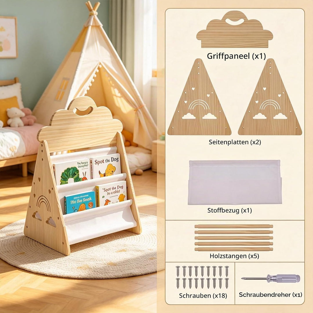 Bücherregal Kinder, Montessori Bücherregal Kinder Tragbar mit Griff, Doppelseitiges Holzregal Tragba