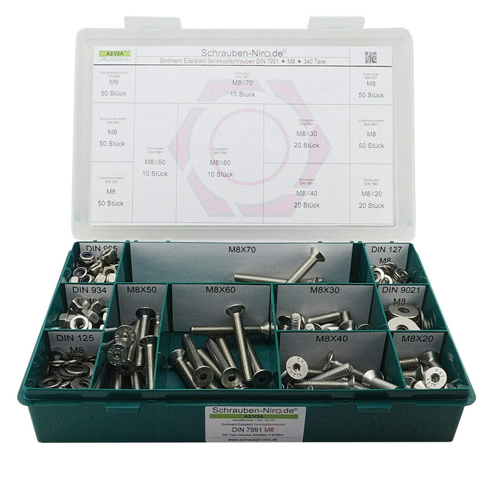 Sortiment M8 DIN 7991 (ISO 10642) Edelstahl A2 (V2A) Senkschrauben (Innensechskant) - Set bestehend