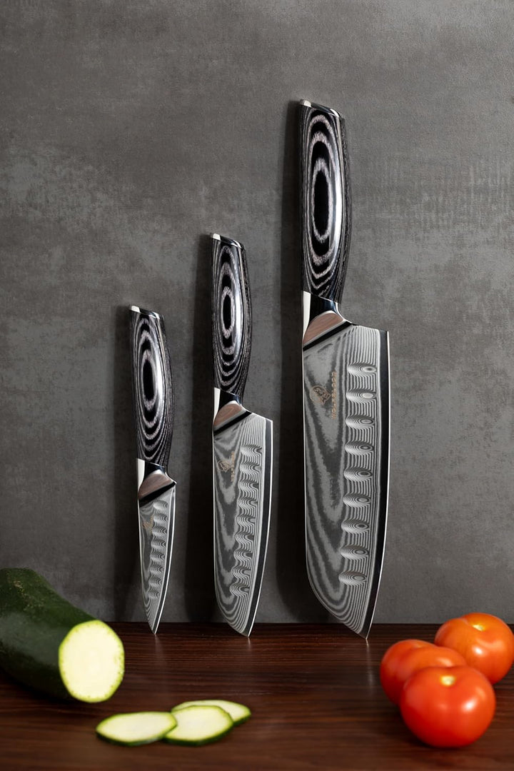 Wolfblood PRO 3er Santoku Damastmesser Set XL (31, 23 und 19cm) TÜV geprüfter 62 HRC Damaststahl aus