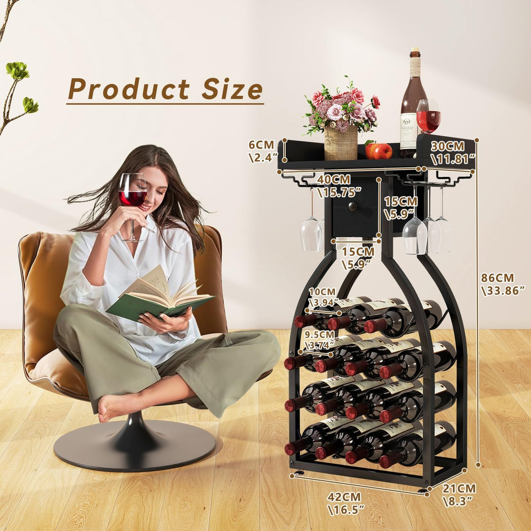 IBUYKE Weinregal Freistehend für 15 Flaschen,Flaschenregal mit Glashaltern und Speicher Schublade,Mi