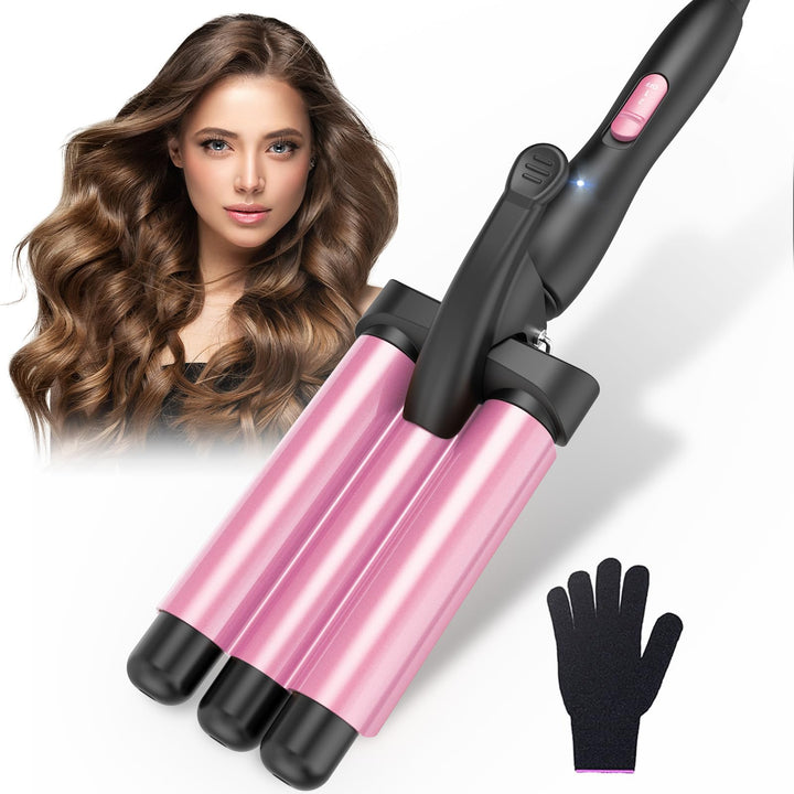 Beach Waves Lockenstab 3 Barrel - Edelstahl Heizung Wellig Lockenstab für langes & kurzes Haar, Rosa