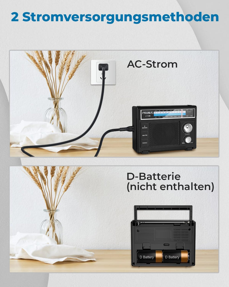 PRUNUS J-136 AM FM UKW Radio Klein, Tragbares Radio Batteriebetrieben oder AC-Strom, Kofferradio mit