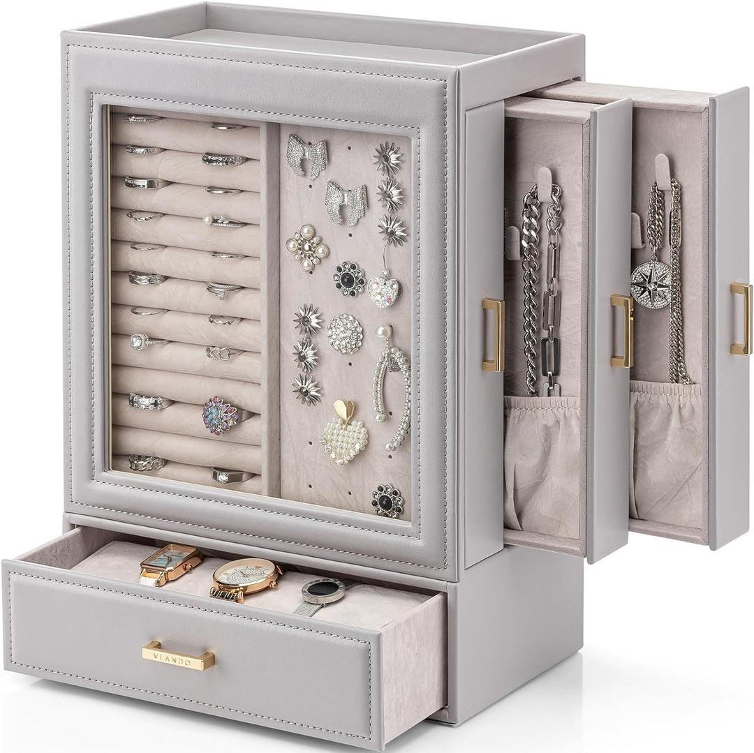 Vlando Schmuckaufbewahrung Schmuckschrank 5 Ebenen, Schmuckkasten mit Glasdeckel, Schmuckkästchen Gr