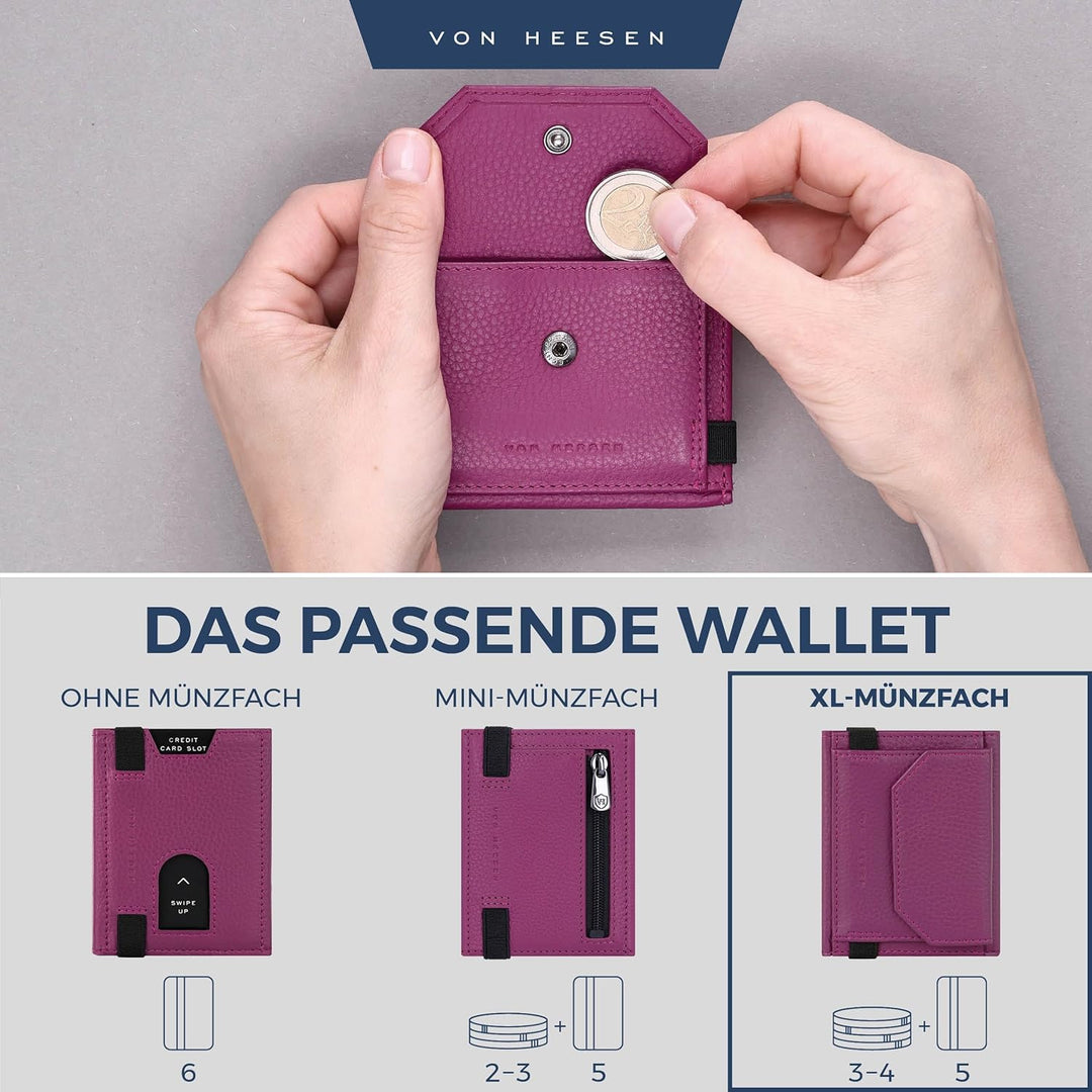 VON HEESEN Slim Wallet mit XL Münzfach & RFID-Schutz - Leder Geldbeutel - Mini Geldbörse für Herren