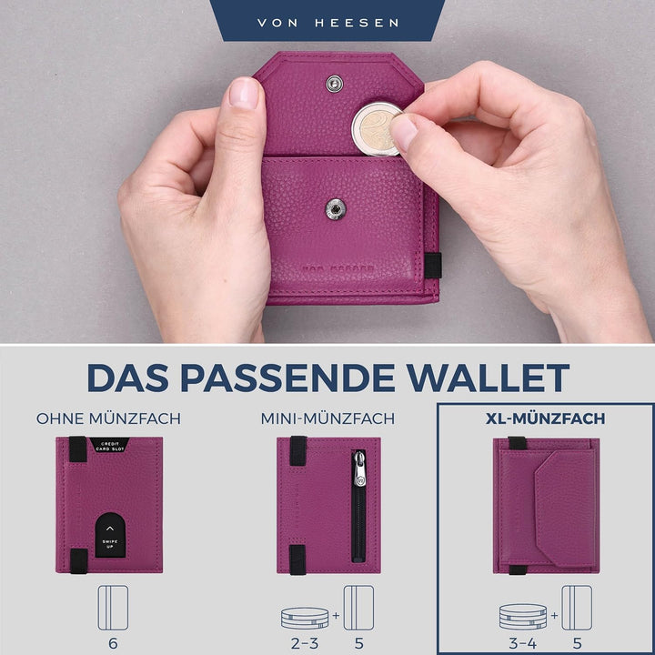 VON HEESEN Slim Wallet mit XL Münzfach & RFID-Schutz - Leder Geldbeutel - Mini Geldbörse für Herren