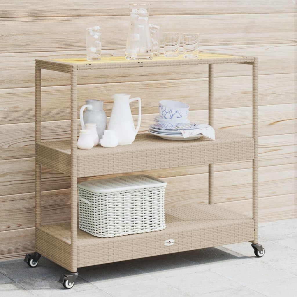 vidaXL Barwagen 3 Böden Beige Poly Rattan und Massivholz Akazie, Beige