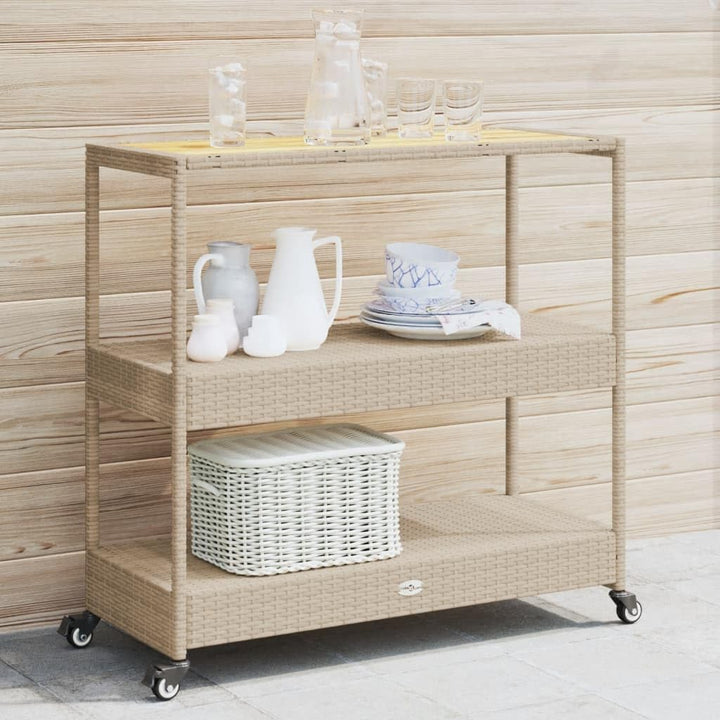 vidaXL Barwagen 3 Böden Beige Poly Rattan und Massivholz Akazie, Beige