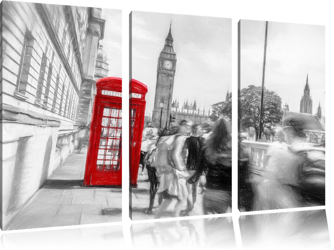 Pixxprint Typische Telefonzelle in London / 3-Teilig/Gesamtmass 120cm Leinwandbild bespannt auf Holz