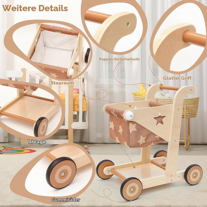 Asweets 2-in-1 Lauflernwagen Holz, Puppenwagen zum Schieben und Ziehen, Baby Walker, Kleinkindspielz