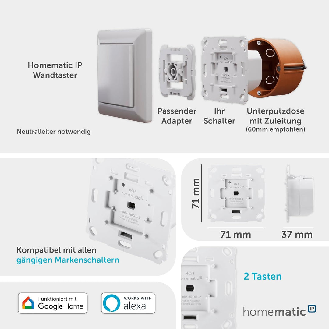 Homematic IP Smart Home Rollladenaktor für Markenschalter, digitale Steuerung für 1 Rollläden per Ap