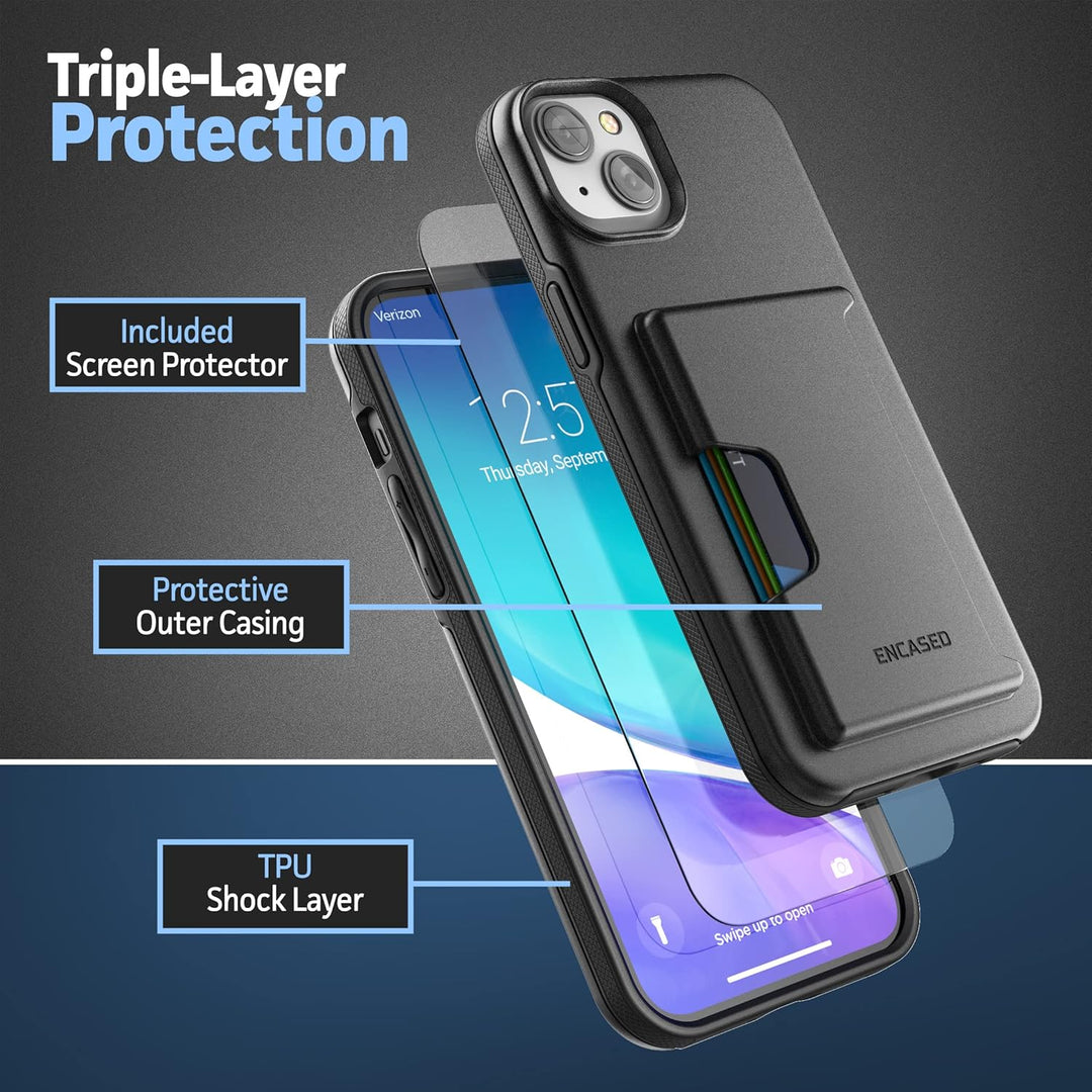 ENCASED Stossfeste Schutzhülle für iPhone 14, mit Kartenhalter und Displayschutzfolie (4 Kreditkarte