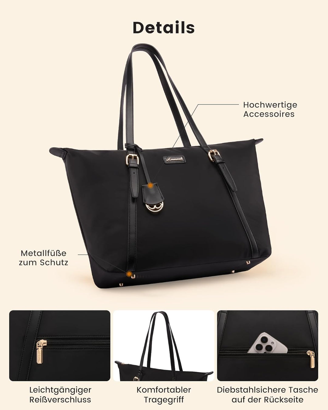LOVEVOOK Laptoptasche Damen Handtasche Gross Shopper Tote Bag Arbeitstasche Schwarz – Neu 15,6 Zoll,