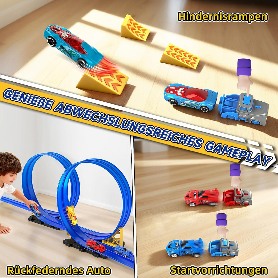 Charmofun Autorennbahn für Kinder 5M, Flexible Rennbahn Kinder mit 4 Autos, Aufbewahrungstasche, Kat