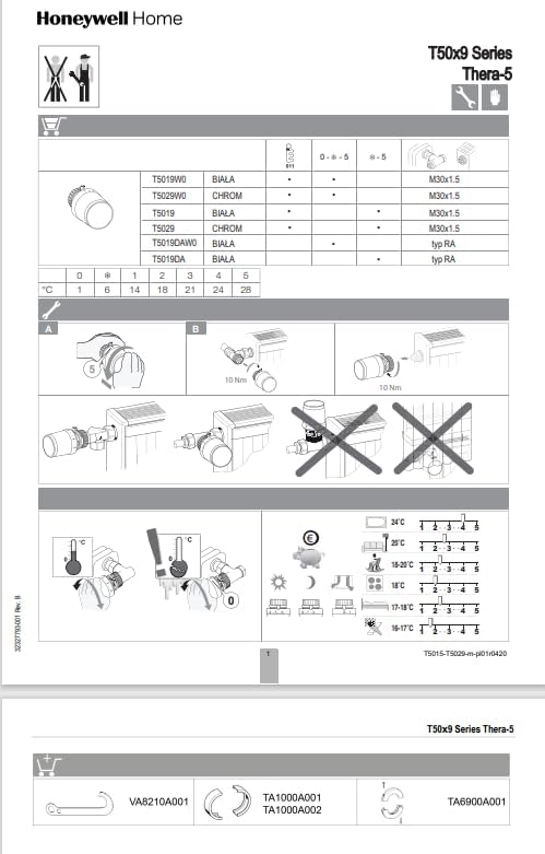 Honeywell Home Thermostat-Heizkörperkopf Thera-5 – M30 x 1,5, Chromdesign, Flüssigkeitssensor, Keine