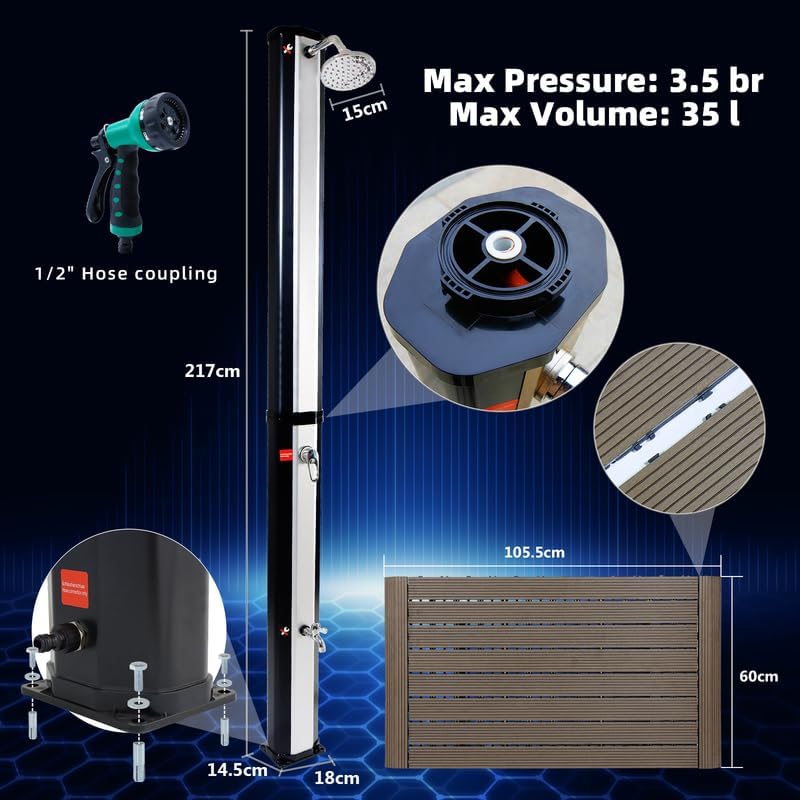 CCLIFE Solardusche 35L mit Bodenplatte und Handbrause Solar Gartendusche Pooldusche Regendusche Auss
