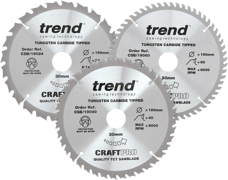 Trend CraftPro Dreierpack TCT Kreissägeblätter, 190mm x 24, 40 und 60 Zähne x 30mm Bohrung, Hartmeta